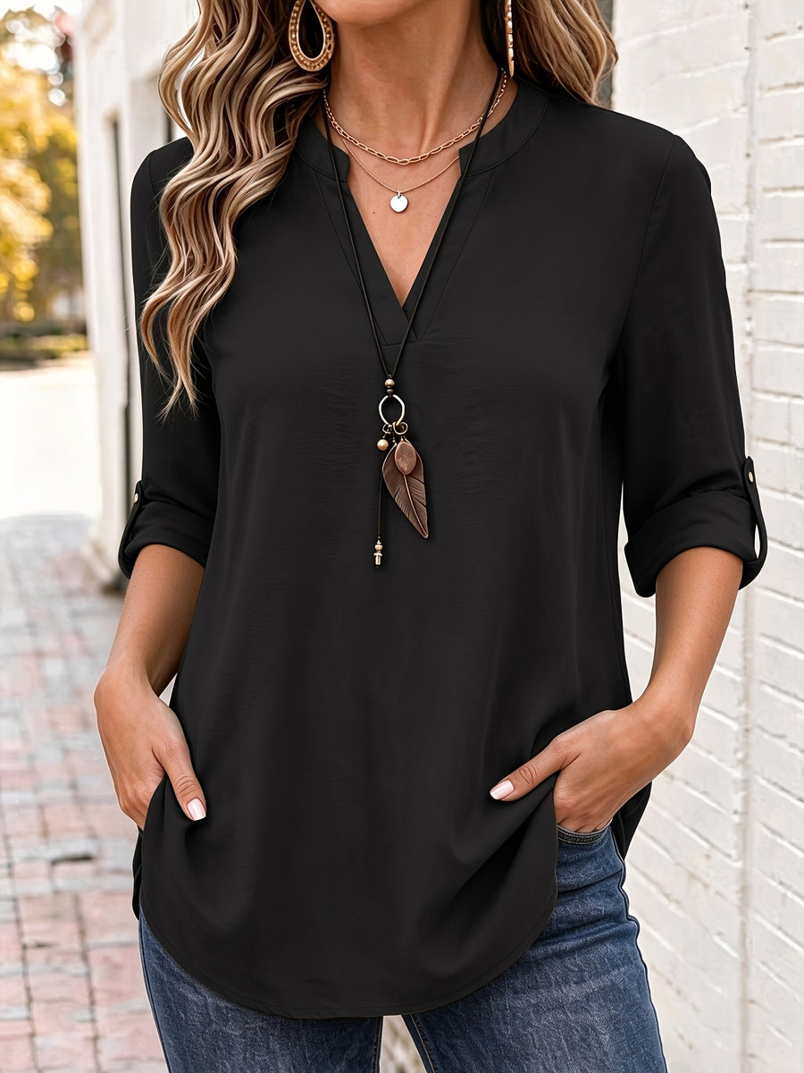 Dora™ | Relaxed V-Neck Top with Roll-Tab Sleeves