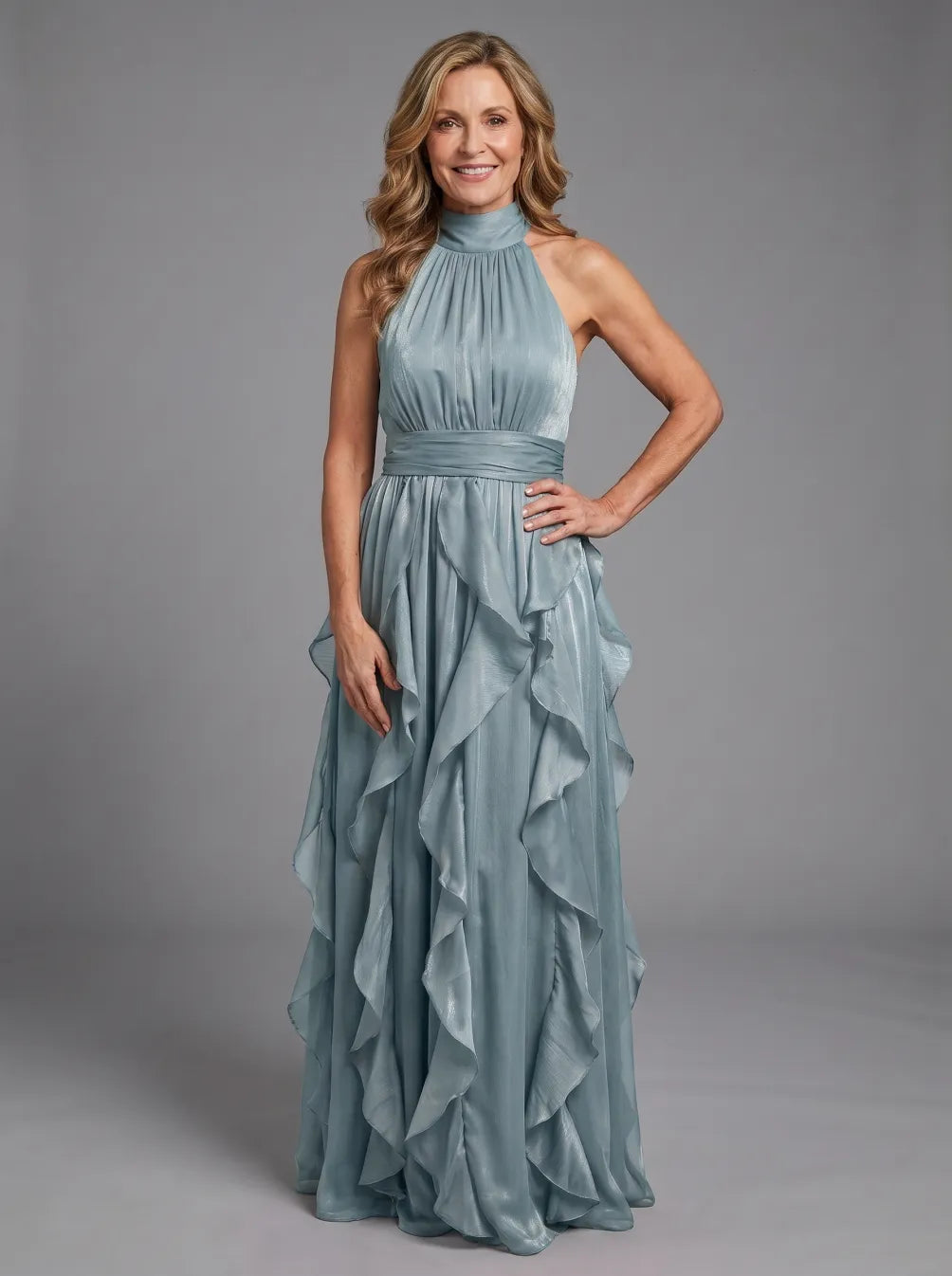 Priscilla High Neck Ruffle Layers Maxi Dress in dusty blue