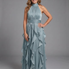 Priscilla High Neck Ruffle Layers Maxi Dress in dusty blue
