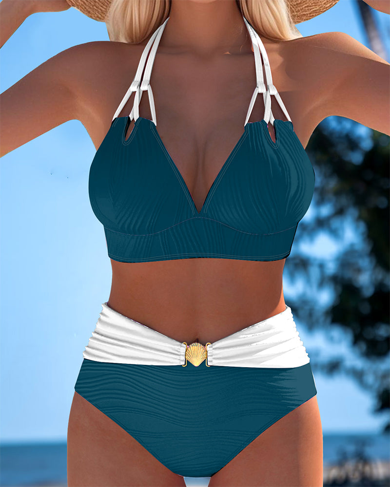 HIGH WAISTED DOUBLE STRAP BIKINI WITH CONTRAST COLOR