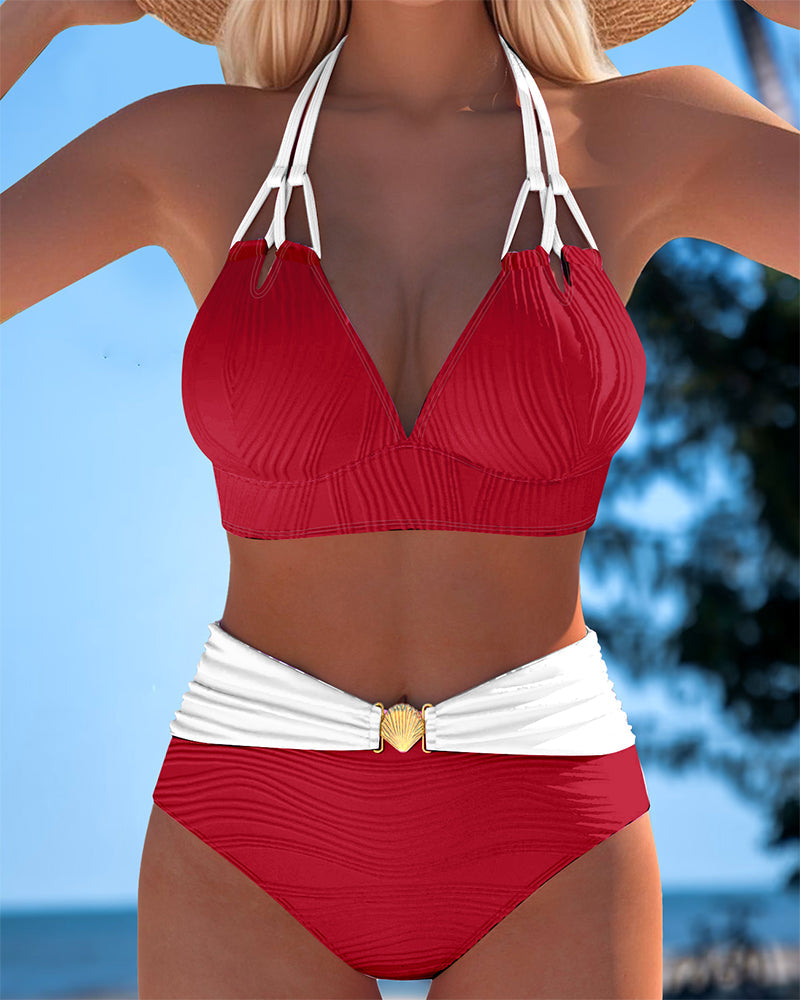 HIGH WAISTED DOUBLE STRAP BIKINI WITH CONTRAST COLOR