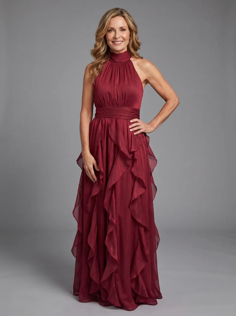 Priscilla High Neck Ruffle Layers Maxi Dress in red