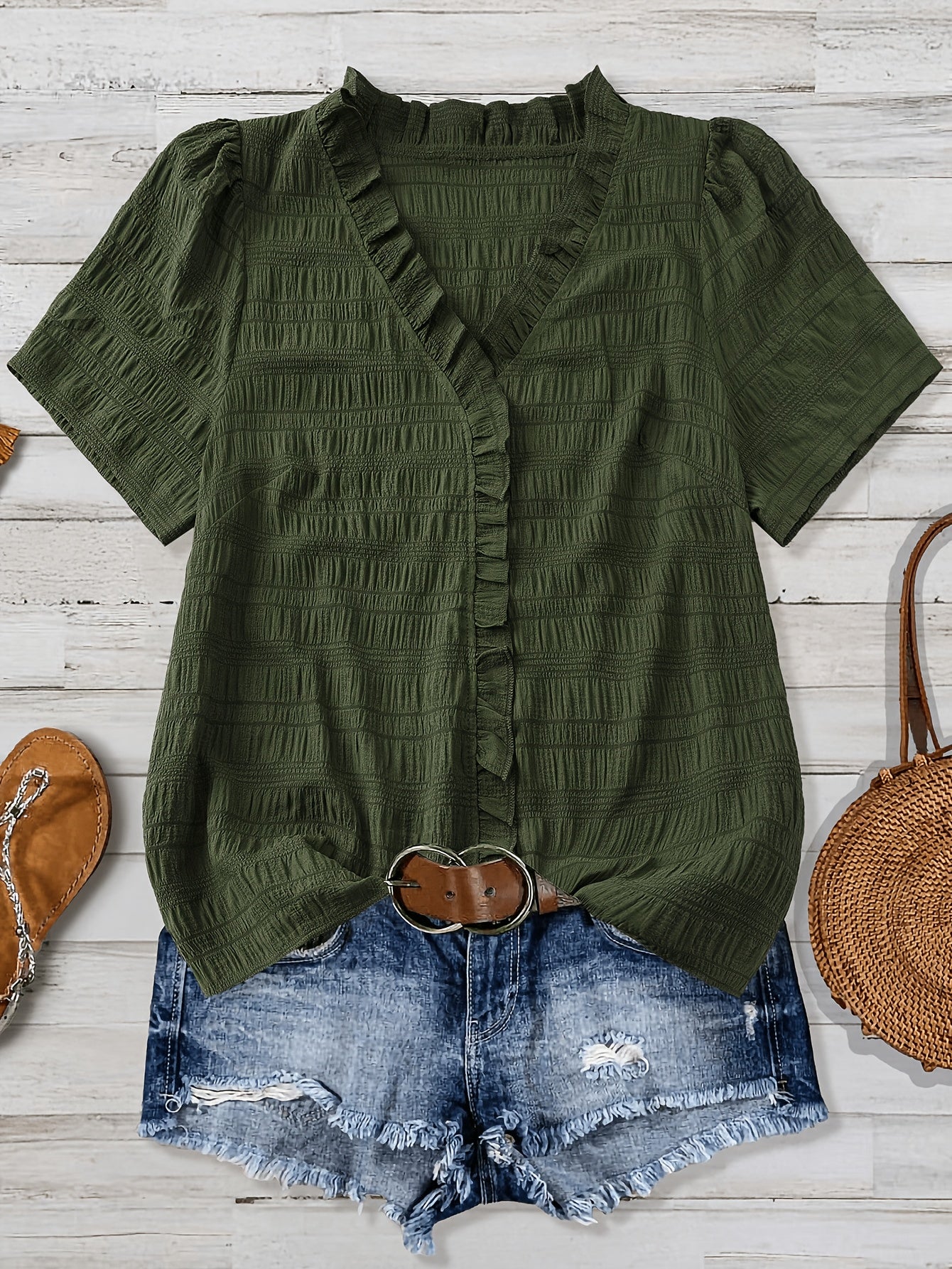 Olivia Grace™ | Ruffle V-Neck Blouse Designed to Flatter Every Curve