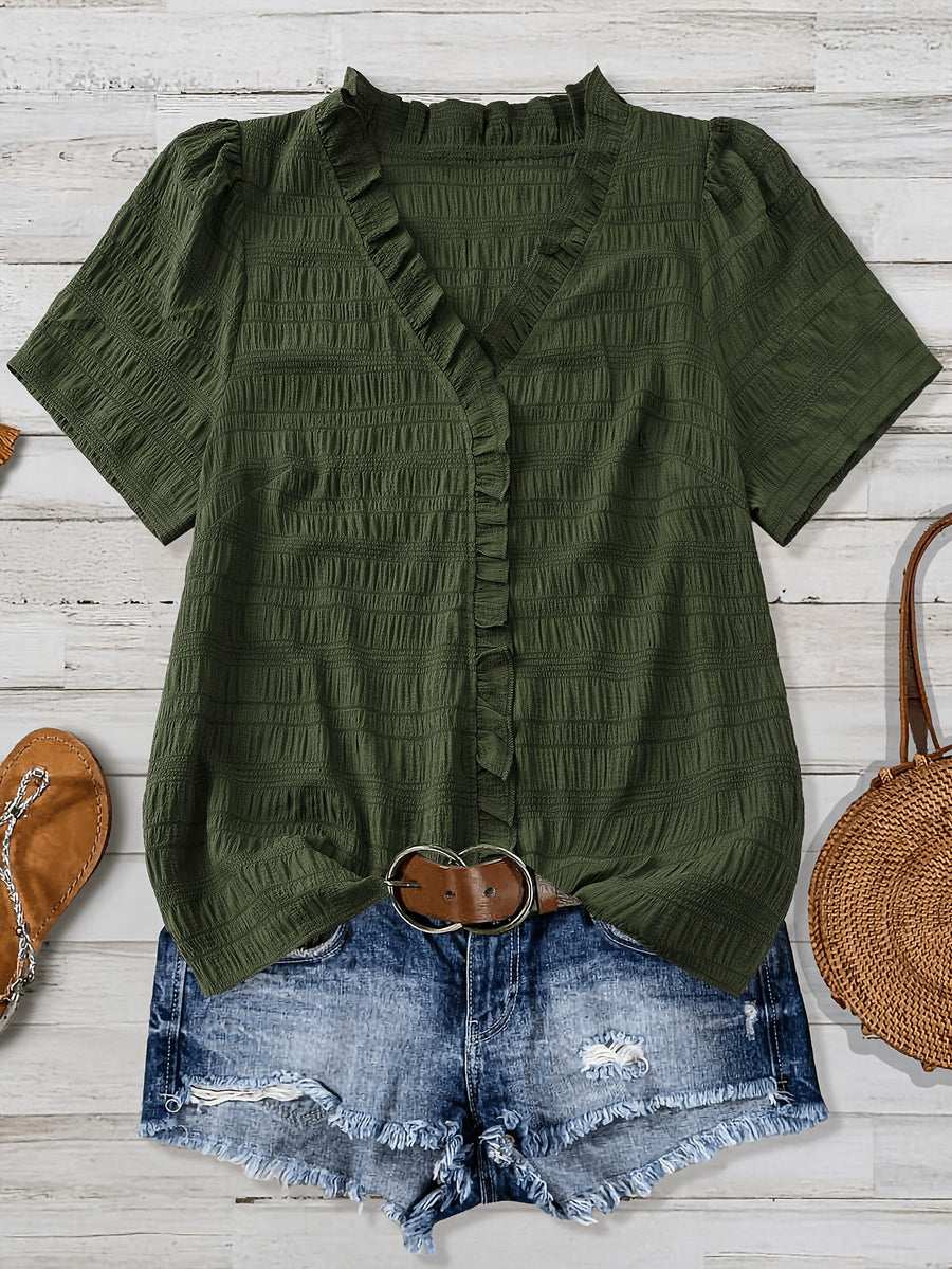 Olivia Grace™ | Ruffle V-Neck Blouse Designed to Flatter Every Curve