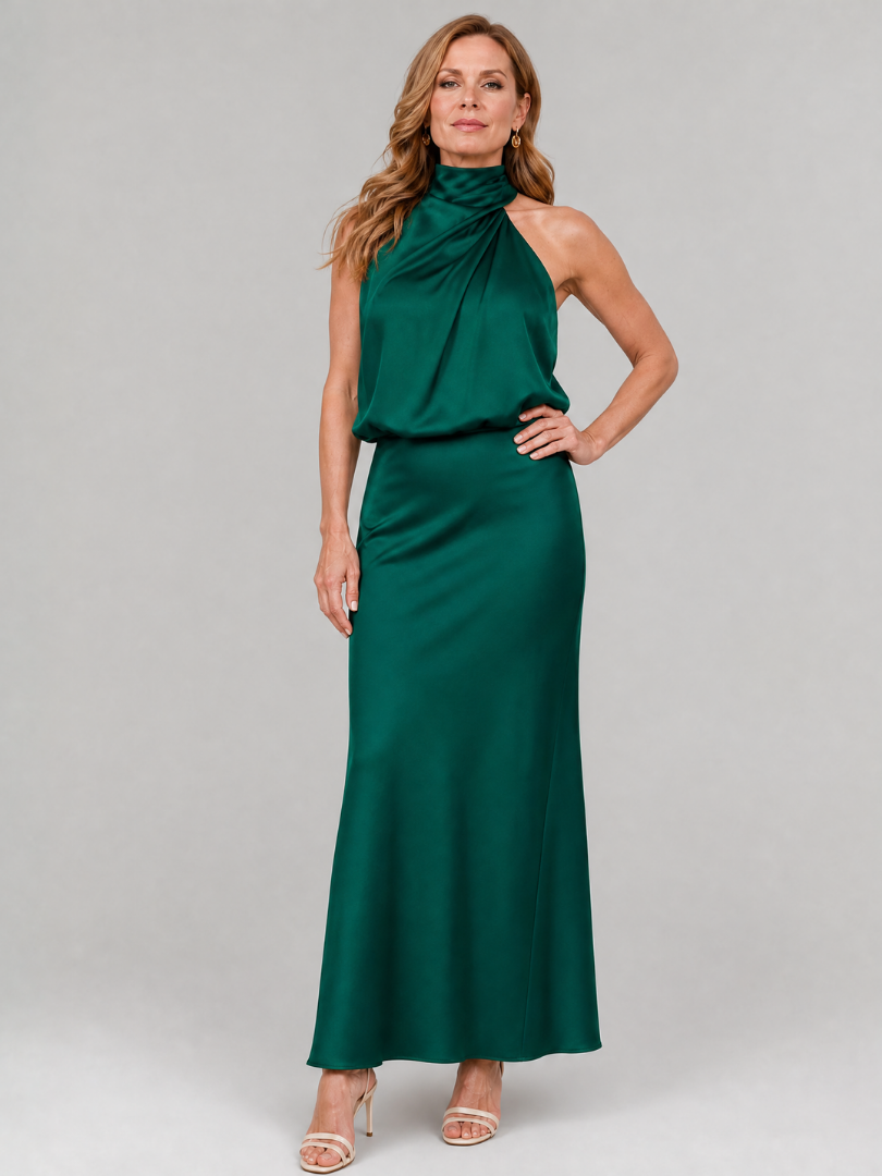 Adelaide Sleeveless Draped Neck Midi Dress in dark green