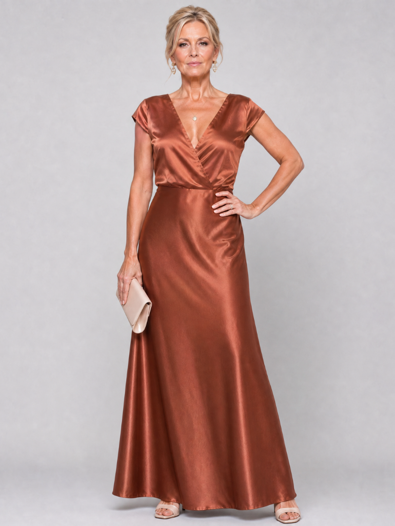 Xiomara Cap Sleeve Wrap Bodice Maxi Dress in brown
