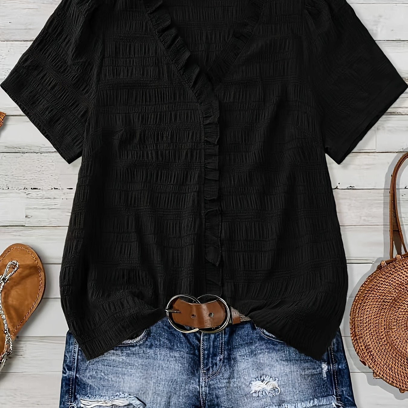 Olivia Grace™ | Ruffle V-Neck Blouse Designed to Flatter Every Curve