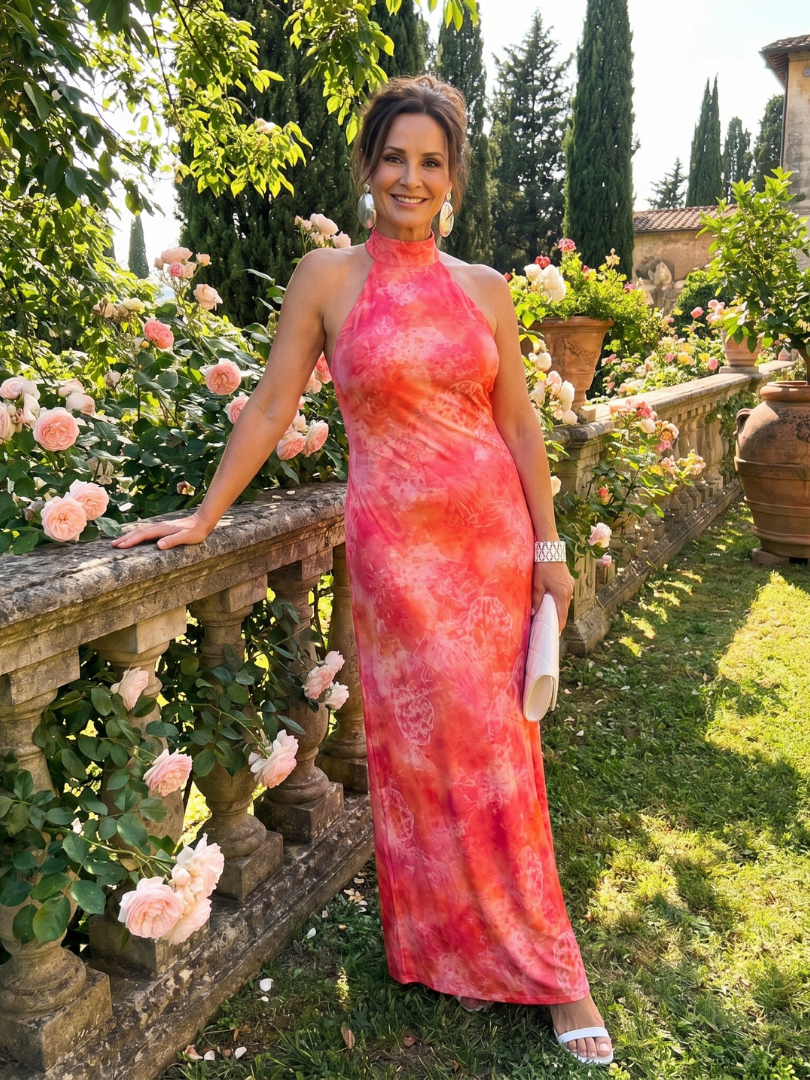 Celeste Halter Neck Printed Pattern Maxi Dress, back view
