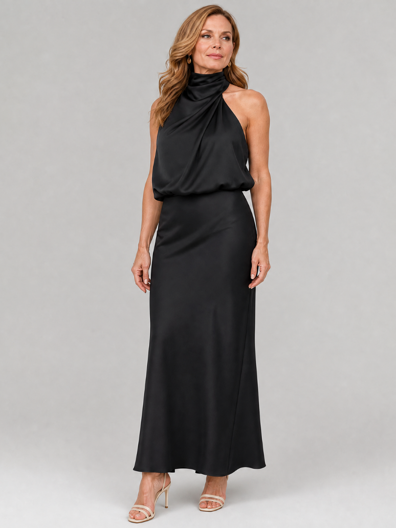 Adelaide Sleeveless Draped Neck Midi Dress in black