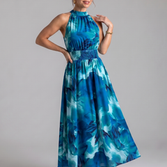 Quinn Gathered Waist Abstract Print Midi Dress in blue