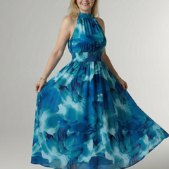 Zoe Gathered Halter Midi Dress in blue