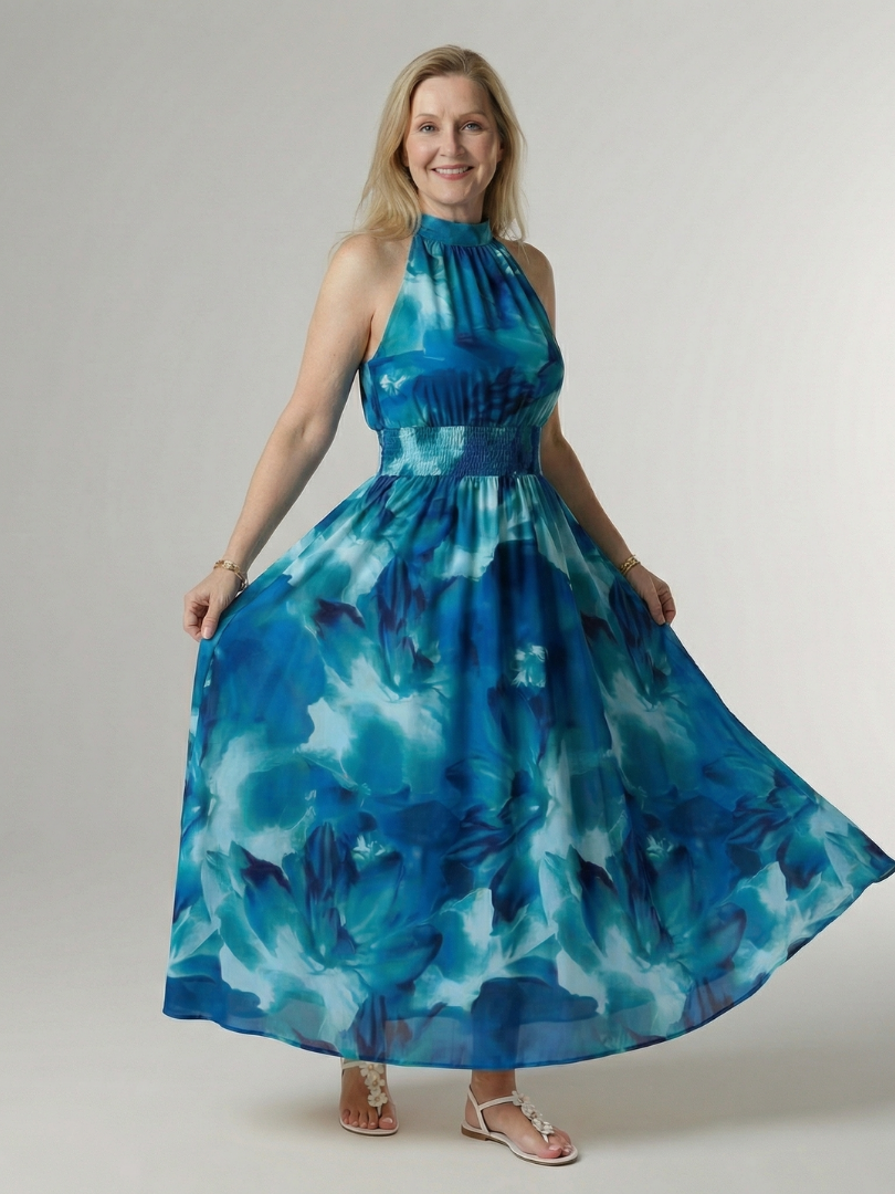 Zoe Gathered Halter Midi Dress in blue
