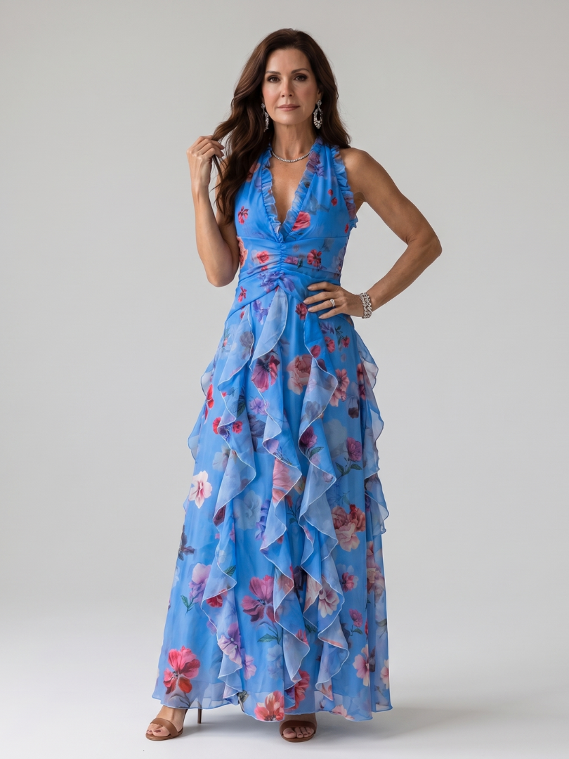 Beatrice Halter Neck Ruched Bodice Floral Maxi Dress in blue