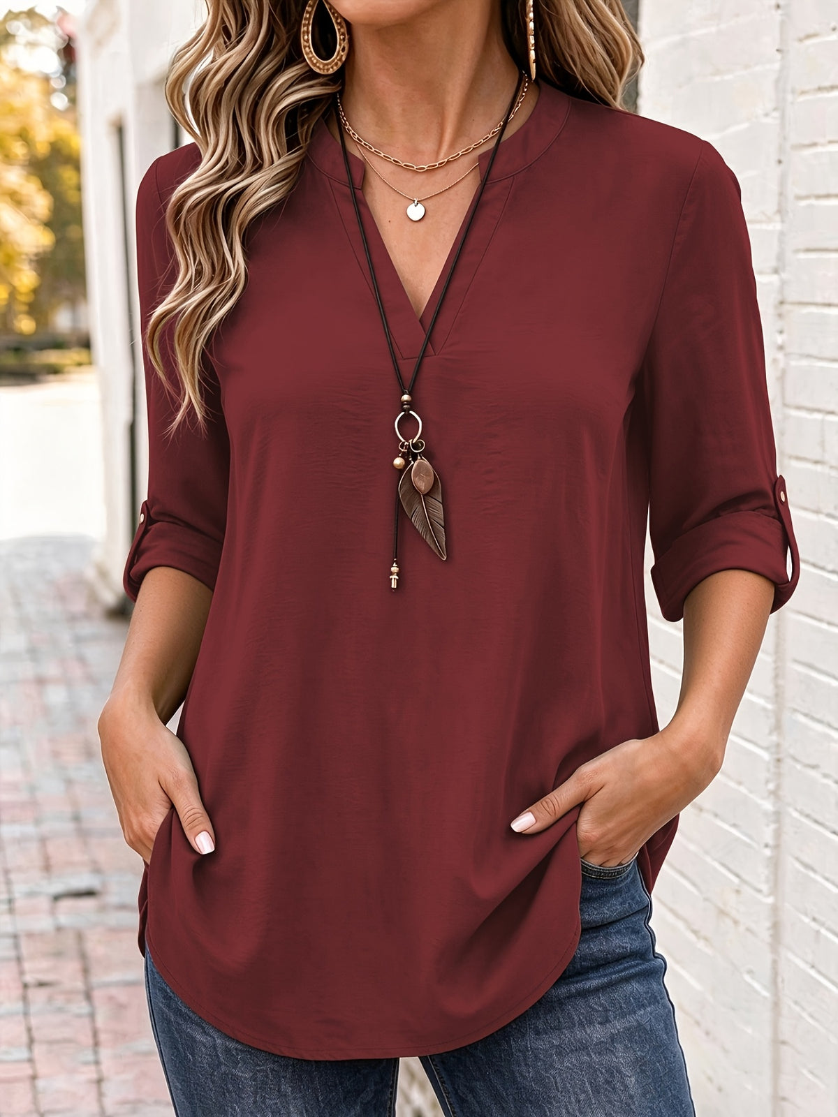 Dora™ | Relaxed V-Neck Top with Roll-Tab Sleeves