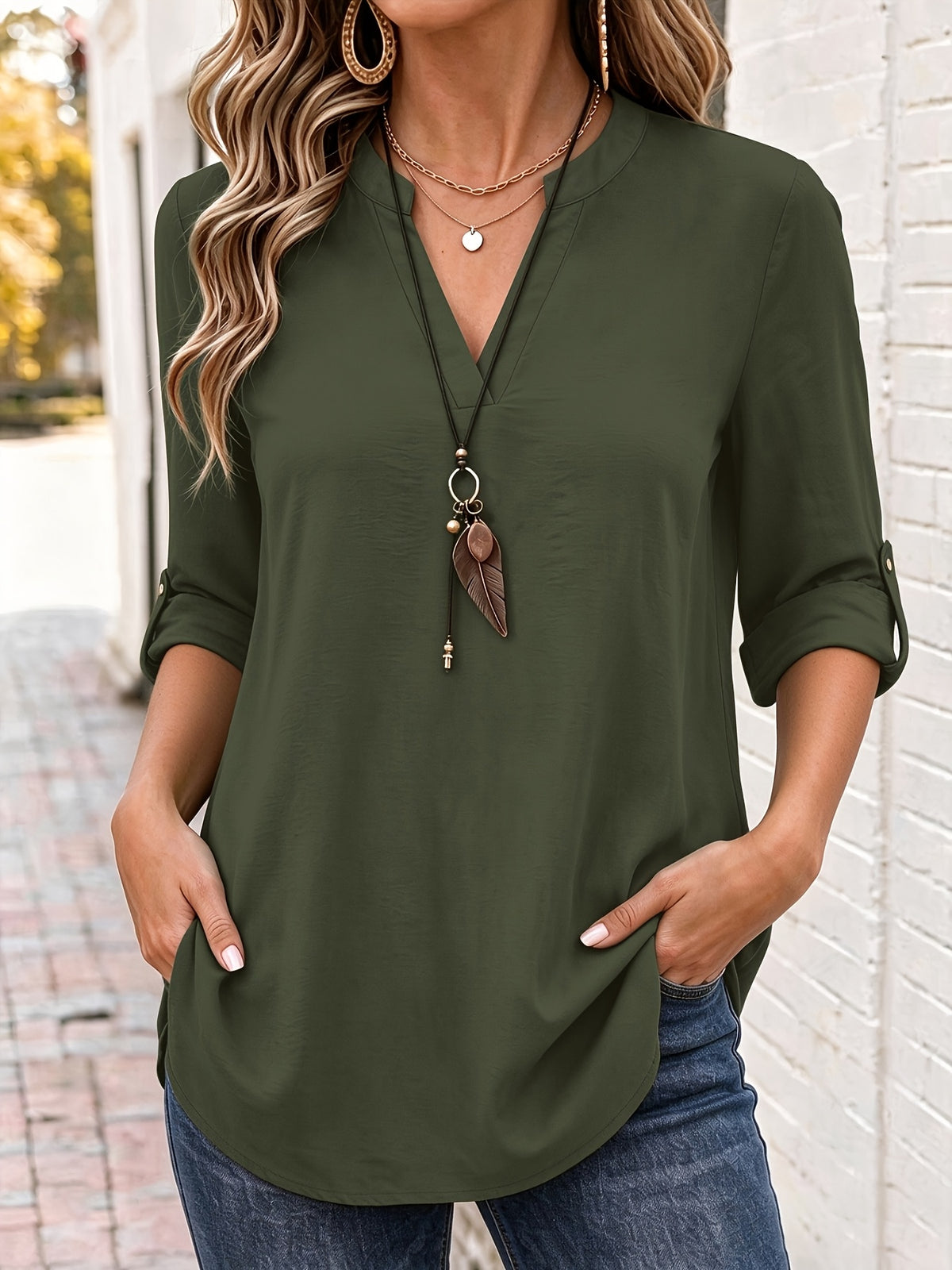 Dora™ | Relaxed V-Neck Top with Roll-Tab Sleeves