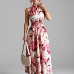 Quinn Gathered Waist Abstract Print Midi Dress in red