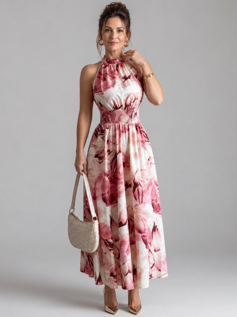 Quinn Gathered Waist Abstract Print Midi Dress in red