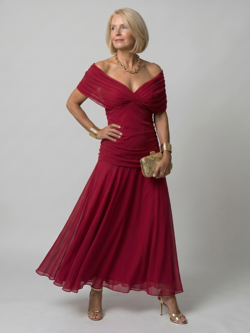 Delphine Off Shoulder Flow Midi Dress in red
