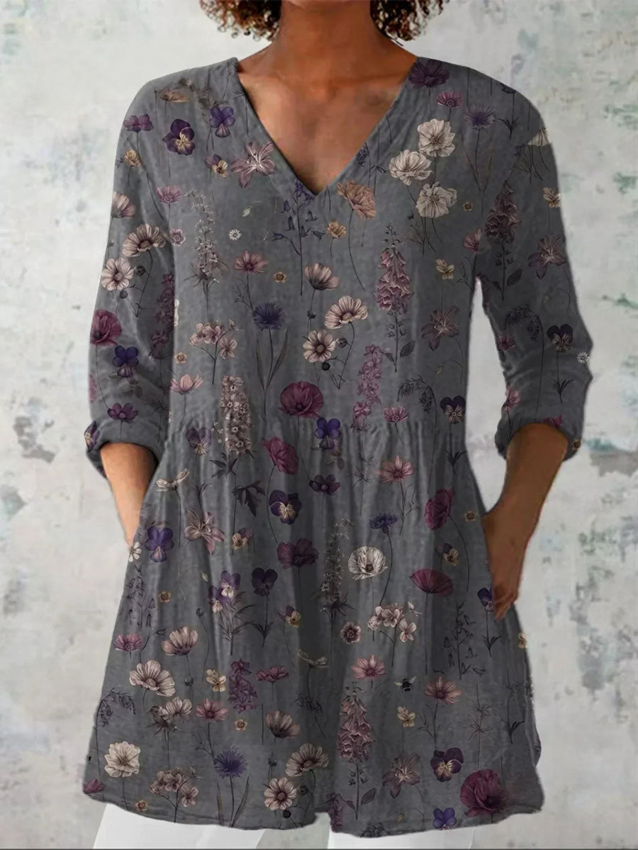 Women's Flowers Art Print Casual Linen V-neck Shirt