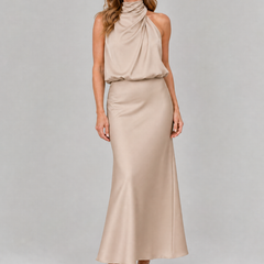 Adelaide Sleeveless Draped Neck Midi Dress in beige