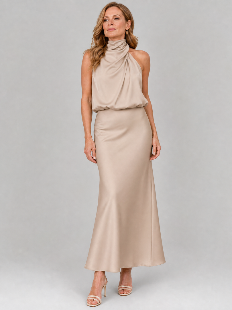 Adelaide Sleeveless Draped Neck Midi Dress in beige