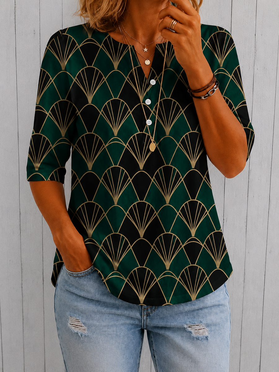 Women’s Emerald Art Deco Print Half Sleeve Henley Cotton Top