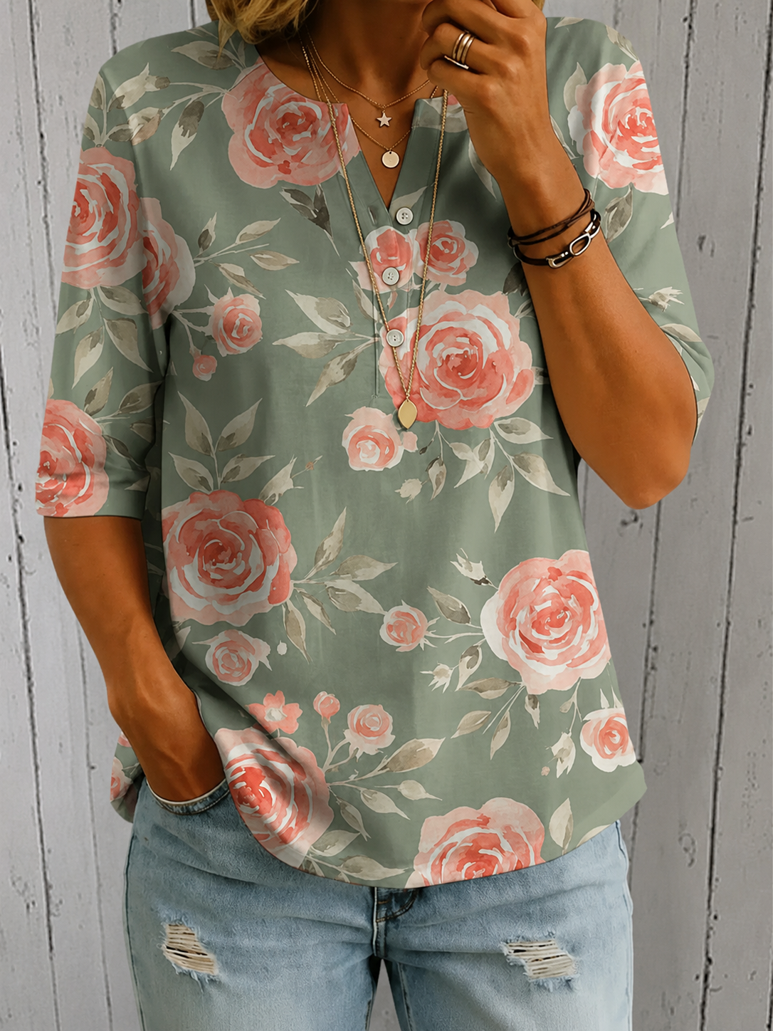 Women’s Vintage Floral Print Casual Half Sleeve Henley Cotton Top