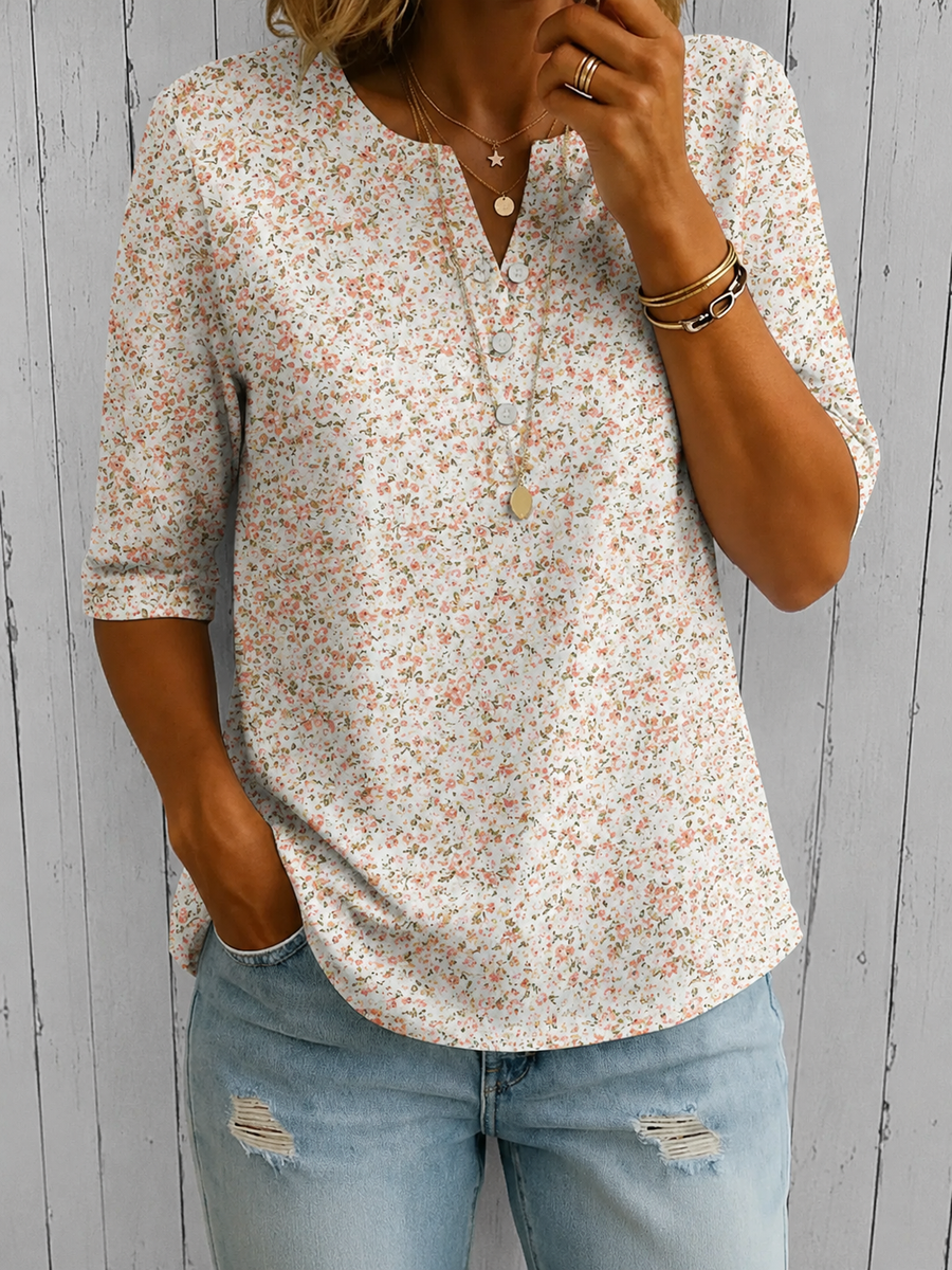 Women’s Ivory Pink Ditsy Floral Print Half Sleeve Henley Cotton Blend Top
