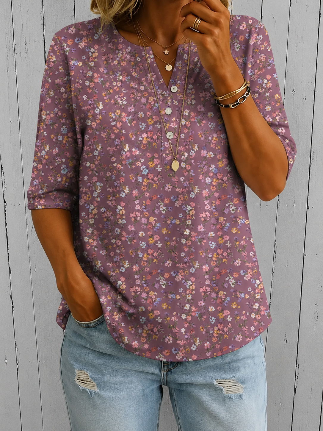 Women’s Vintage Floral Print Casual Half Sleeve Henley Cotton Top