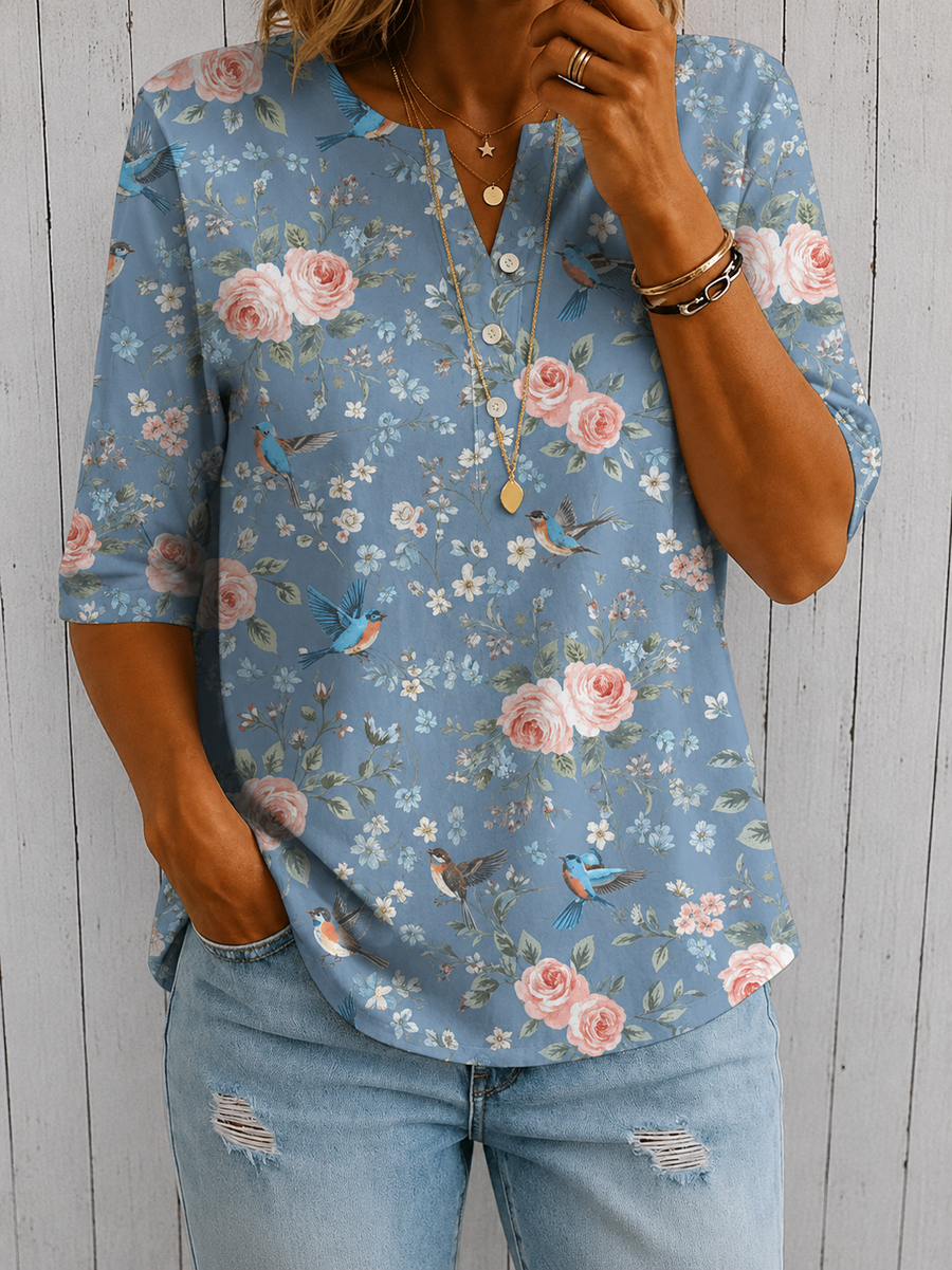 Women’s Vintage Floral Print Casual Half Sleeve Henley Cotton Top