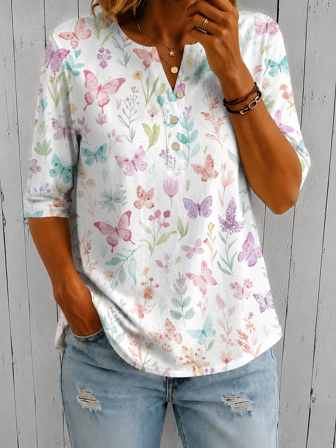 Women’s Pastel Butterfly Floral Print Half Sleeve Henley Cotton Top