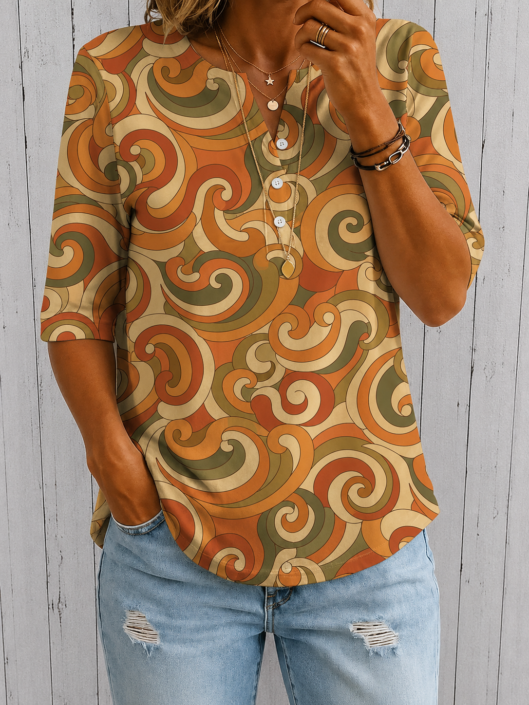 Women’s Vintage Swirl Print Half Sleeve Henley Cotton Top