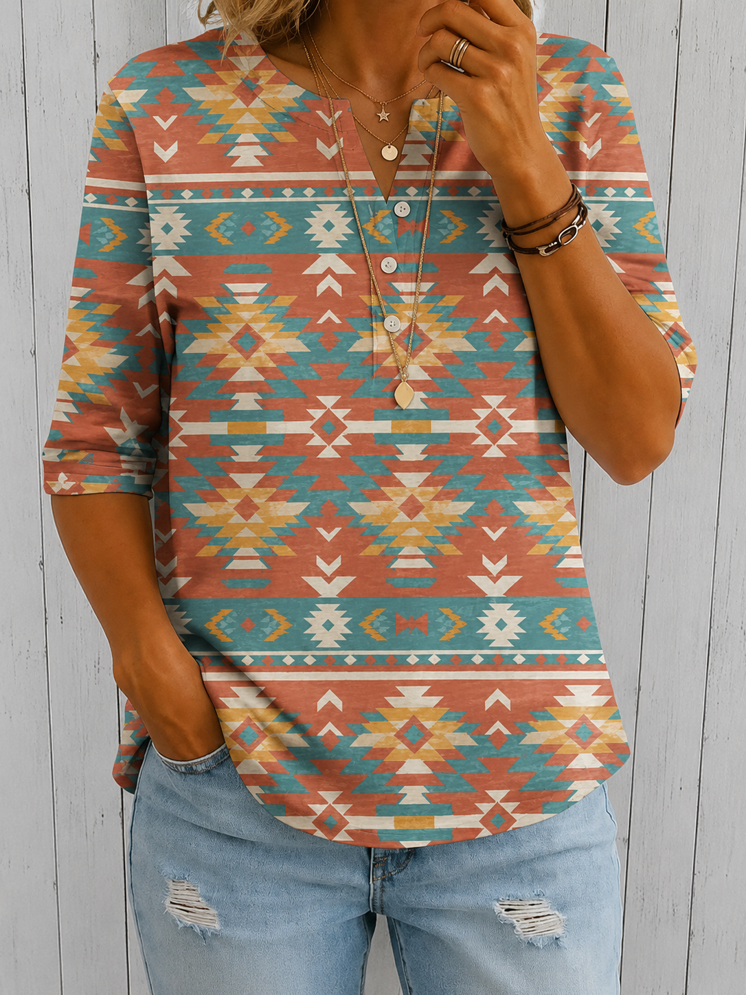 Women’s Vintage Aztec Geometric Print Half Sleeve Henley Cotton Top