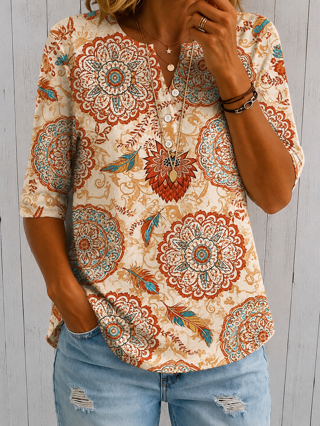 Women’s Beige Boho Medallion Print Half Sleeve Henley Cotton Blend Top