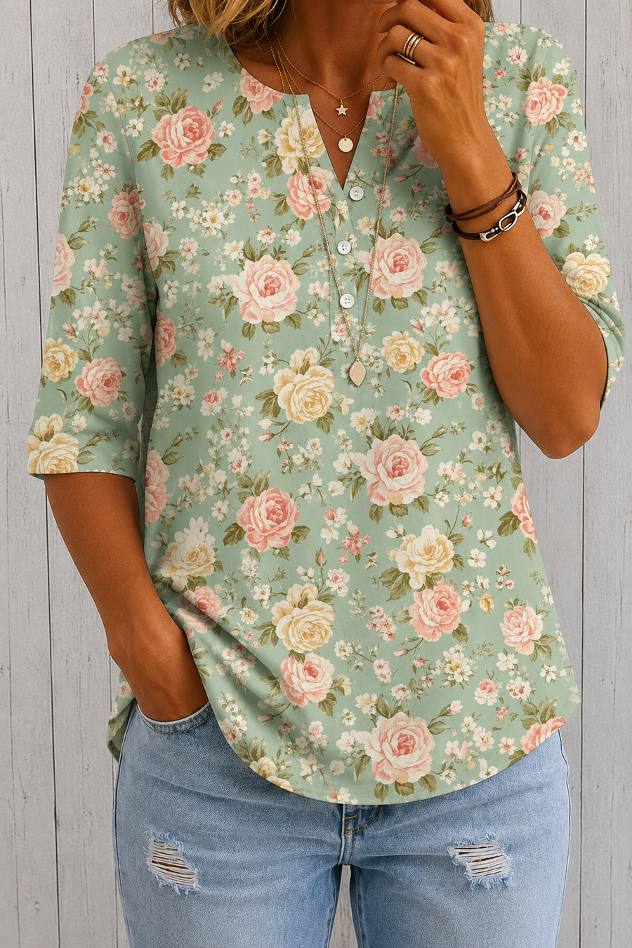 Women’s Sage Rose Floral Print Half Sleeve Henley Cotton Blend Top