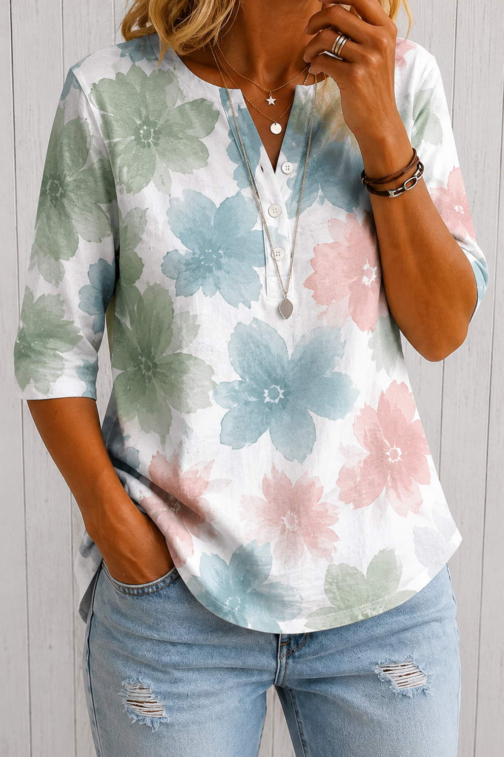 Women’s Pastel WaterColour Floral Print Half Sleeve Henley Cotton Blend Top