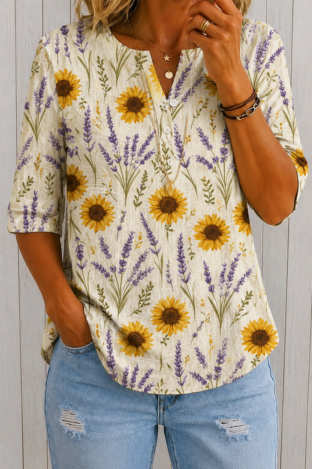 Women’s Sunflower Lavender Print Half Sleeve Henley Cotton Blend Top