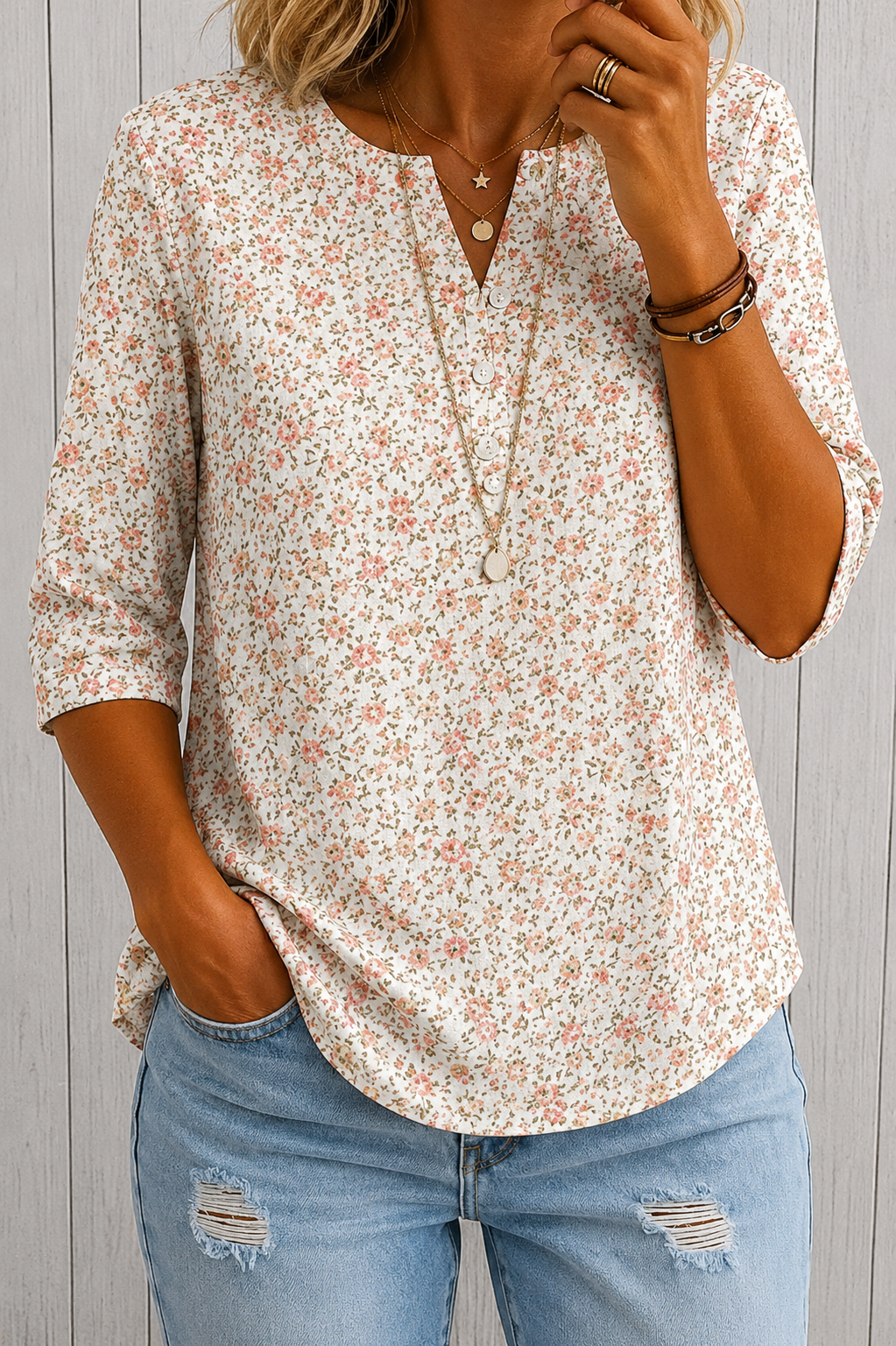 Women’s Vintage Floral Print Casual Half Sleeve Henley Cotton Top