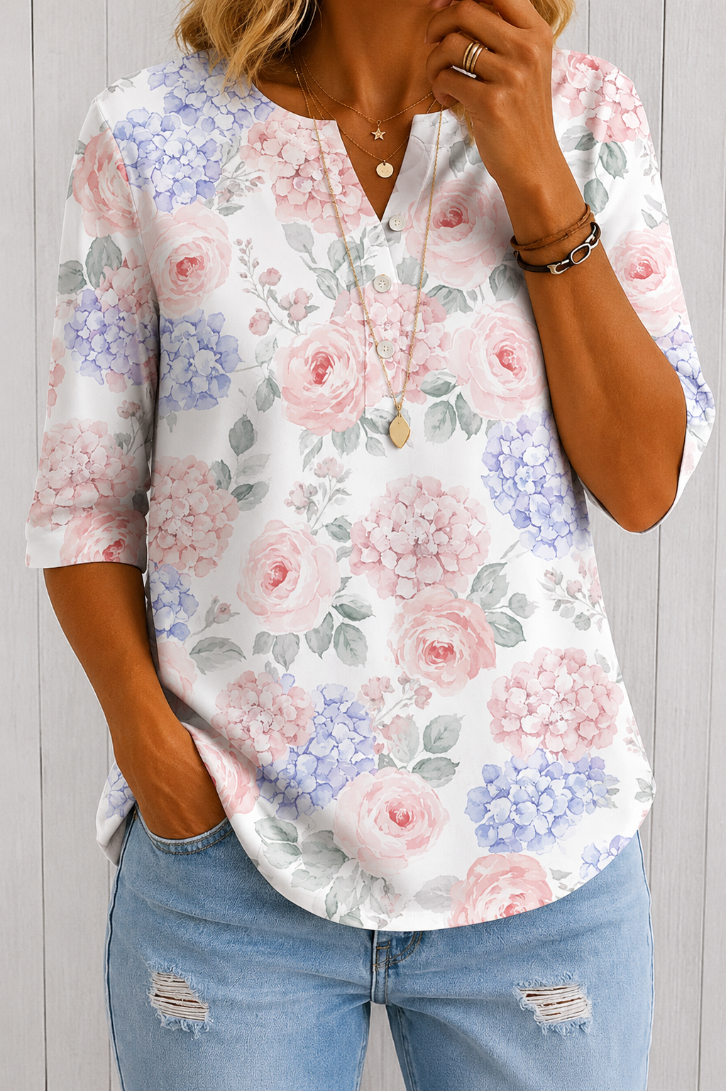 Women’s Pink Hydrangea Rose Print Half Sleeve Henley Cotton Blend Top