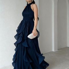 Priscilla High Neck Ruffle Layers Maxi Dress in blue