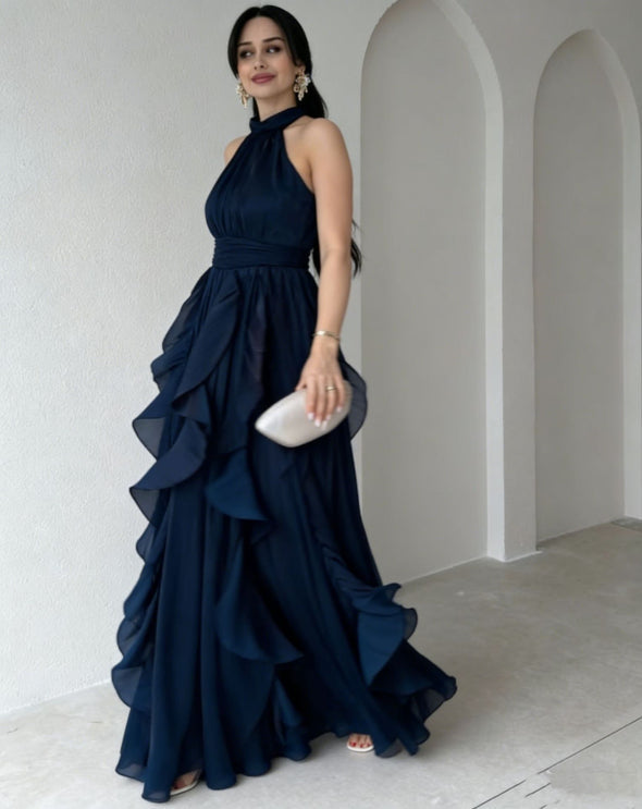 Priscilla High Neck Ruffle Layers Maxi Dress in blue