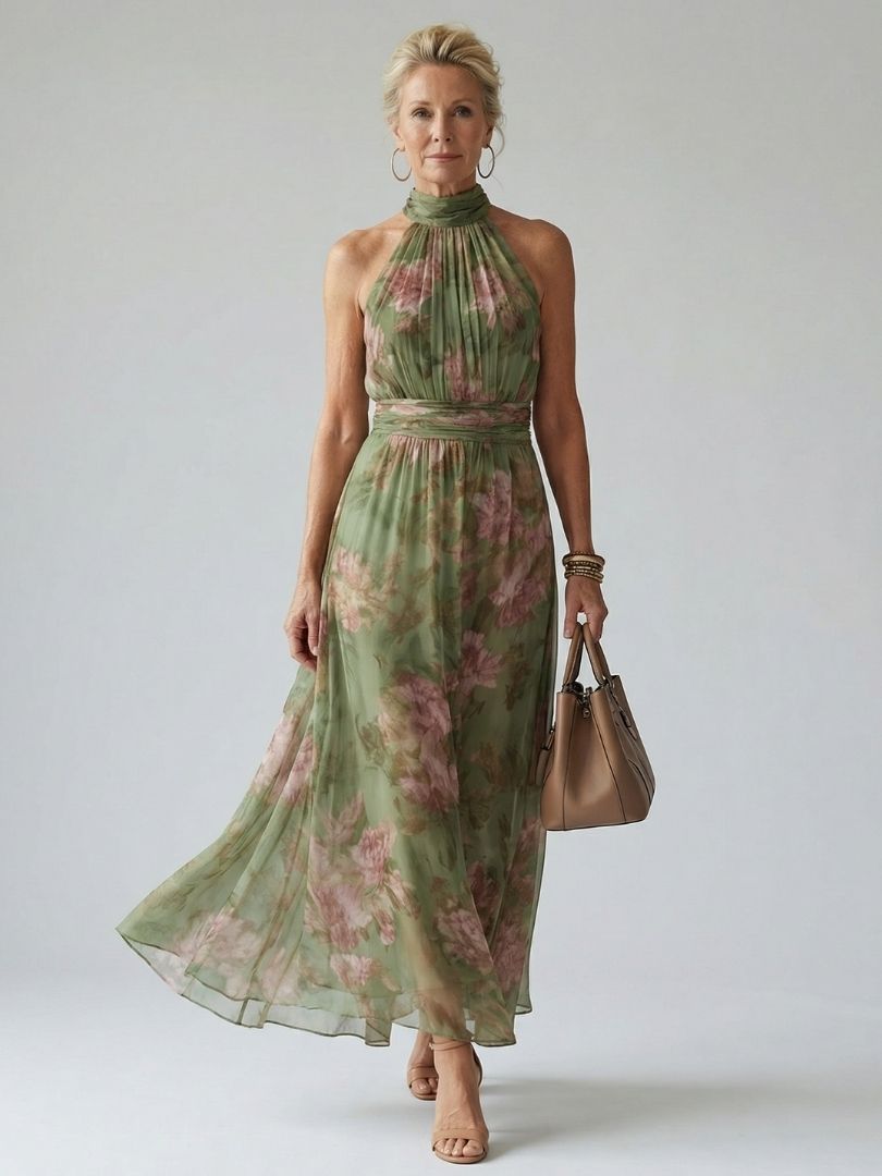 Adeline Gathered Halter Midi Dress