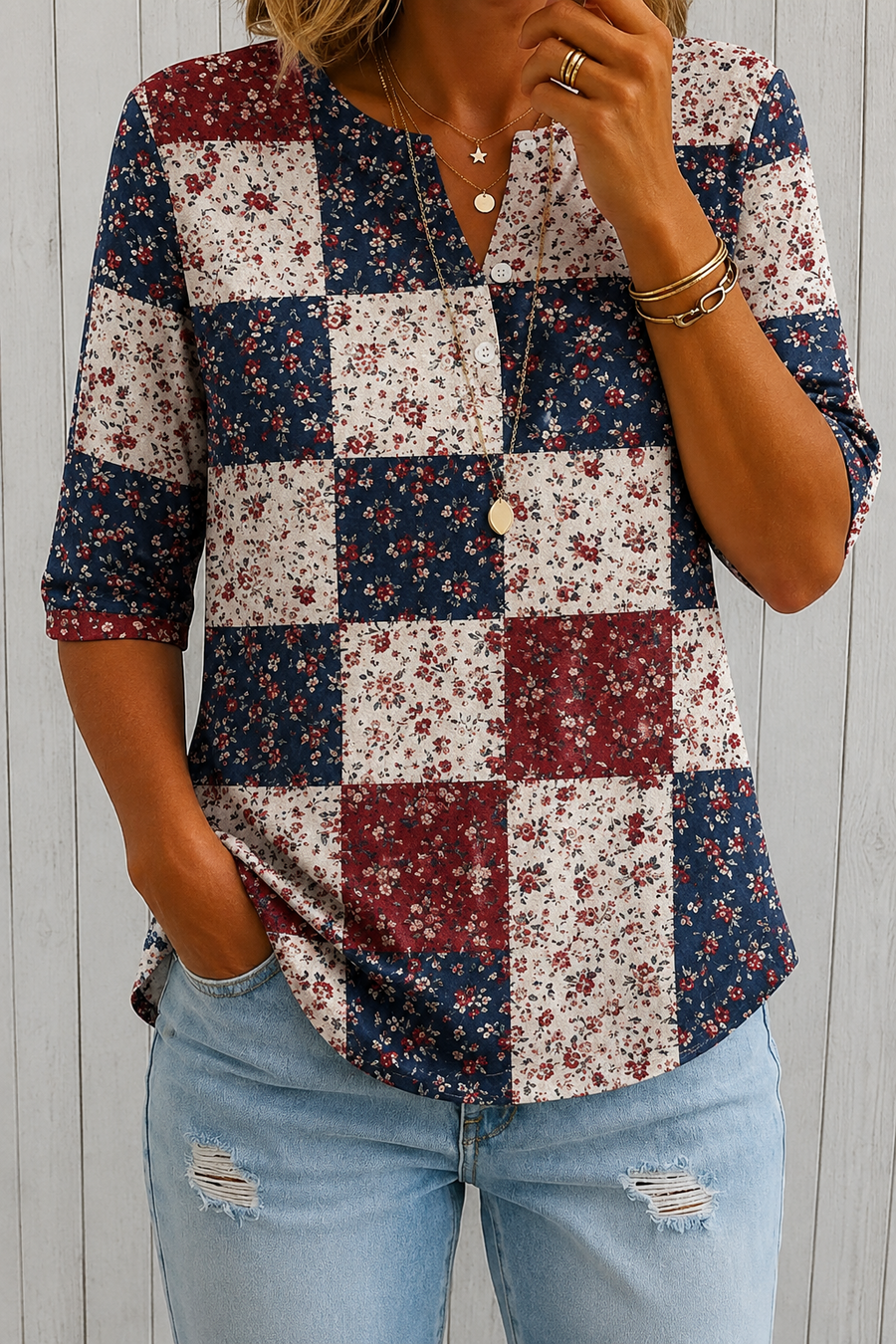 Women’s Navy Burgundy Patchwork Floral Print Half Sleeve Henley Cotton Blend Top