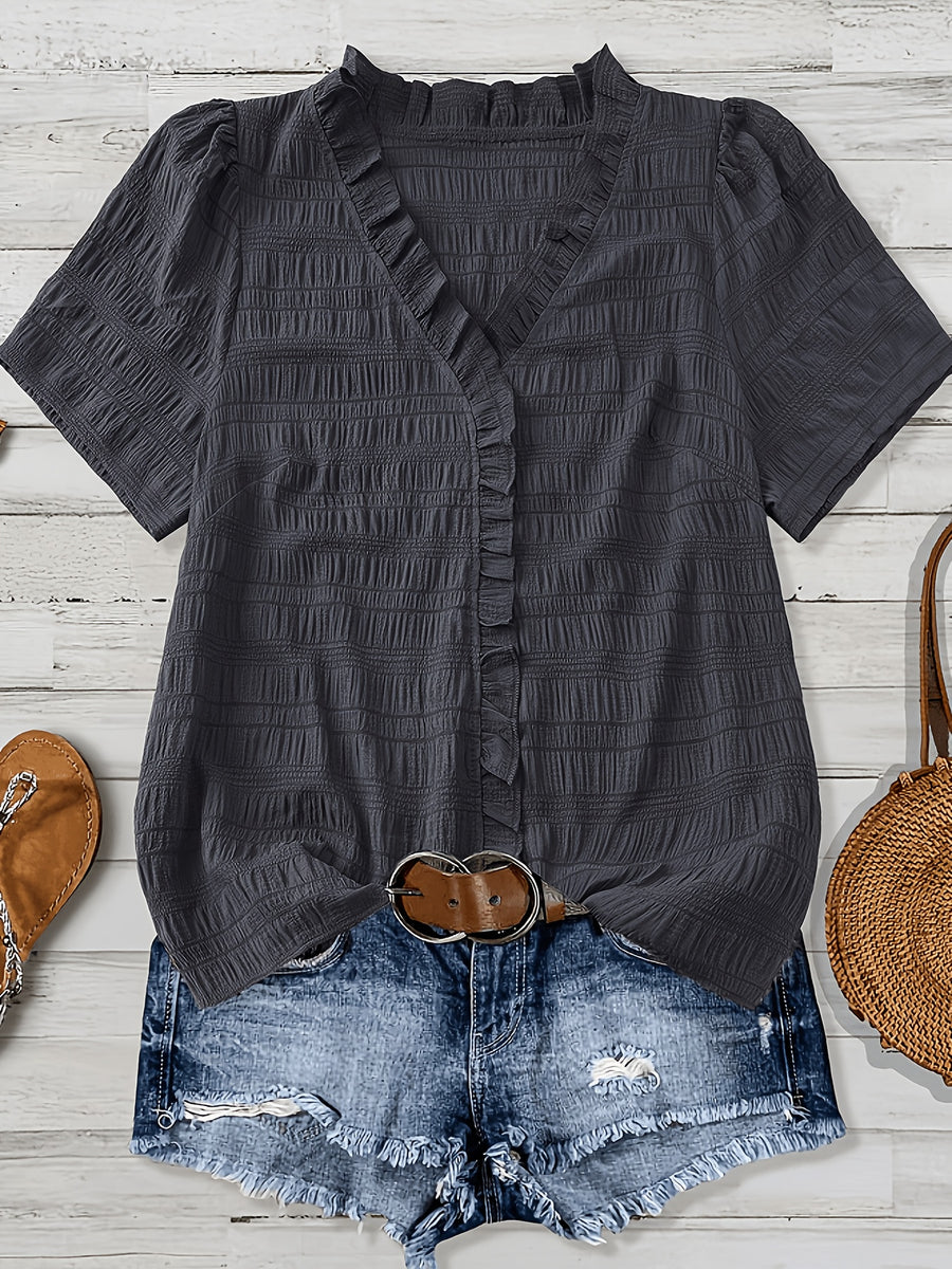 Olivia Grace™ | Ruffle V-Neck Blouse Designed to Flatter Every Curve