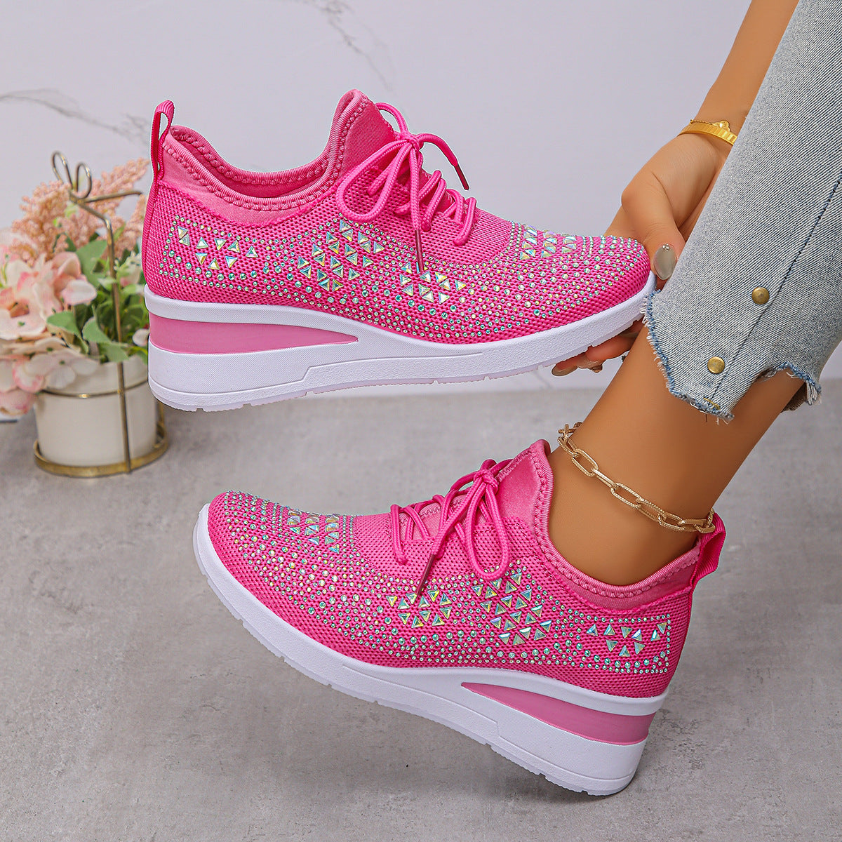 Celestine™ | Rhinestone Wedge Sneakers for Stylish All-Day Comfort