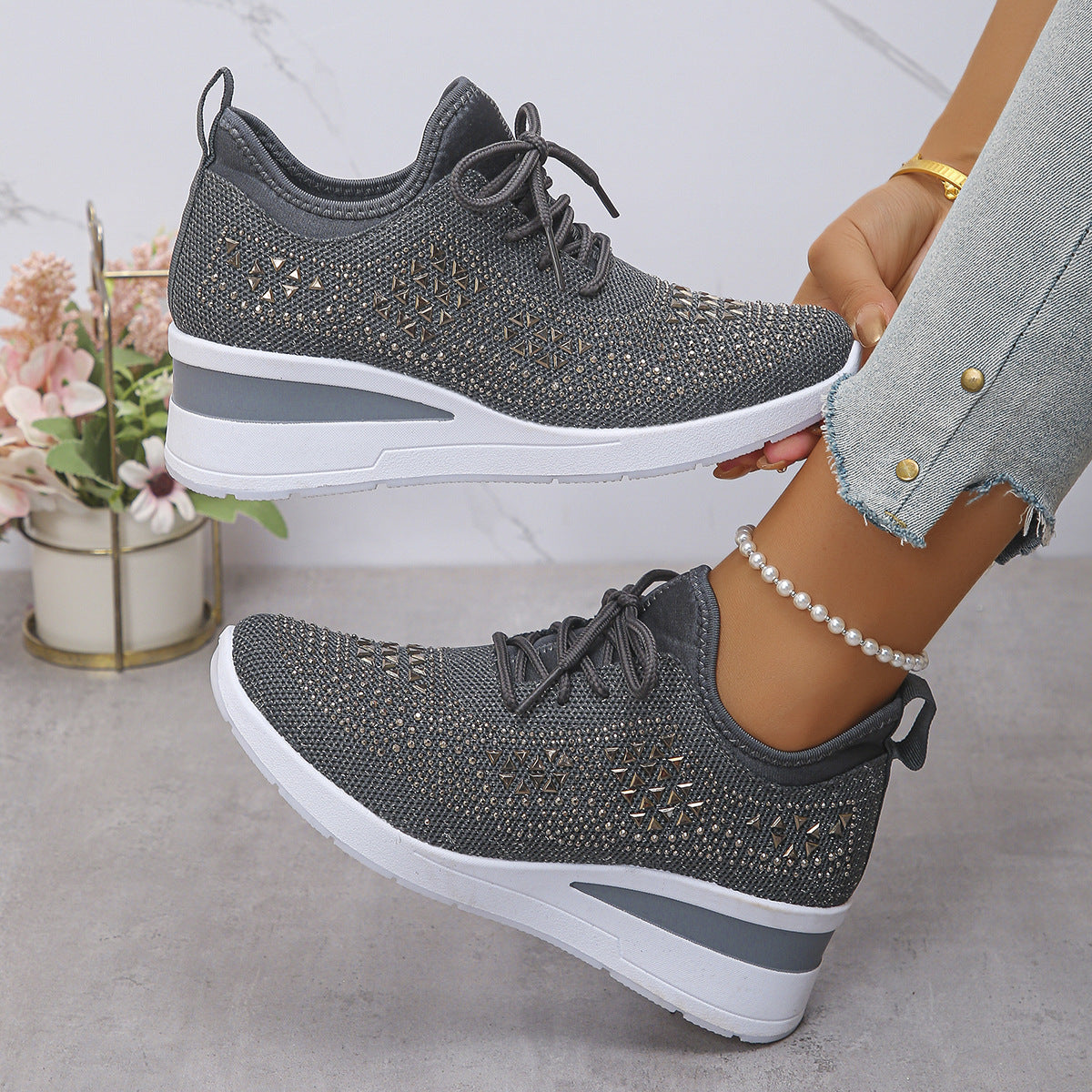 Celestine™ | Rhinestone Wedge Sneakers for Stylish All-Day Comfort