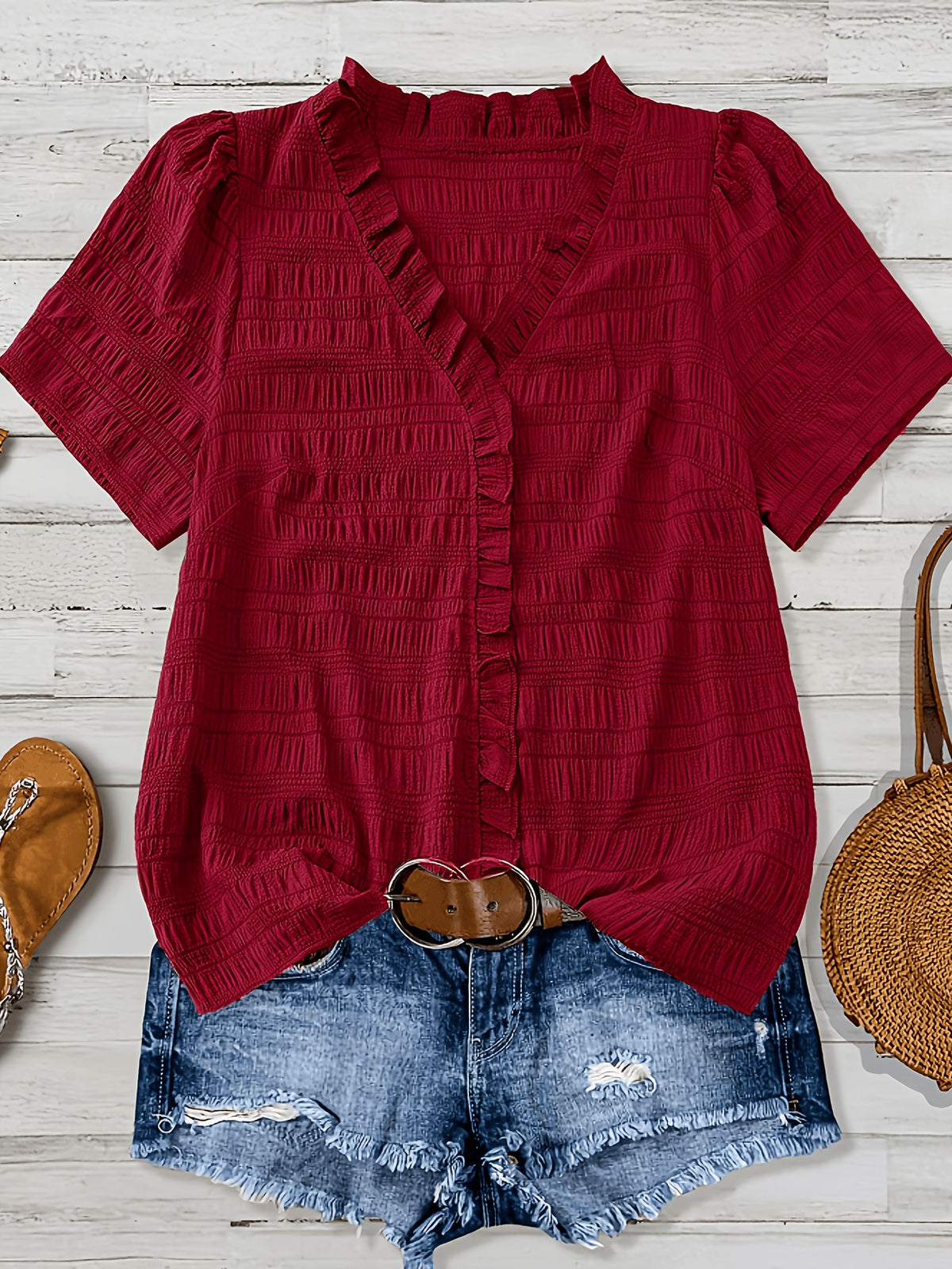 Olivia Grace™ | Ruffle V-Neck Blouse Designed to Flatter Every Curve