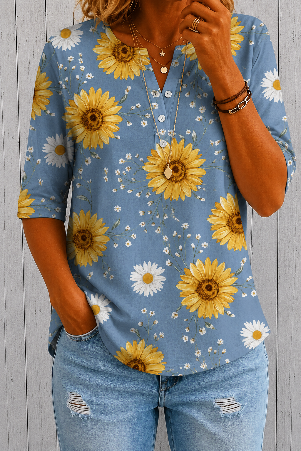 Women’s Sunflower Daisy Print Half Sleeve Henley Cotton Top
