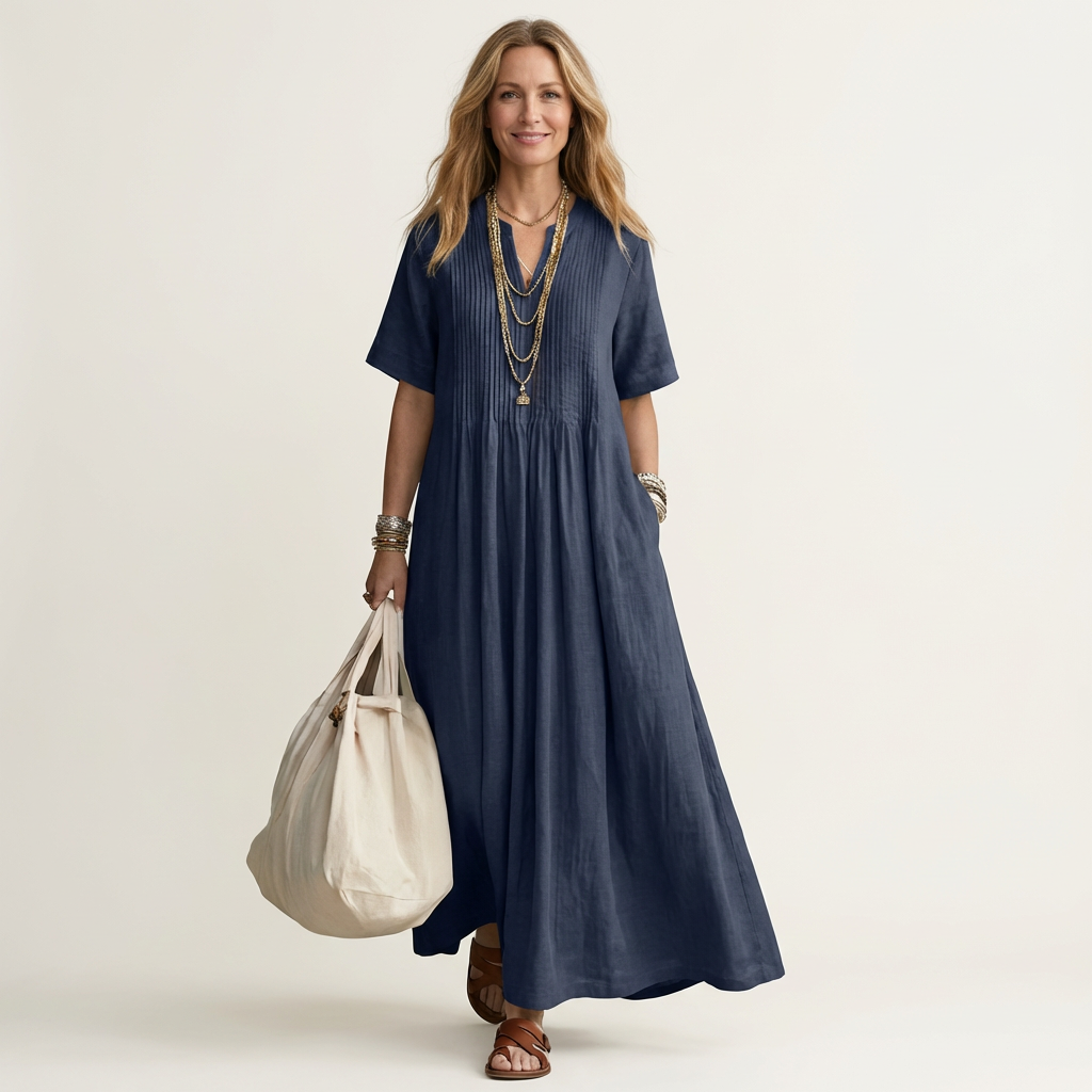 Calea | Pintuck V-Neck Cotton-Linen Maxi Dress