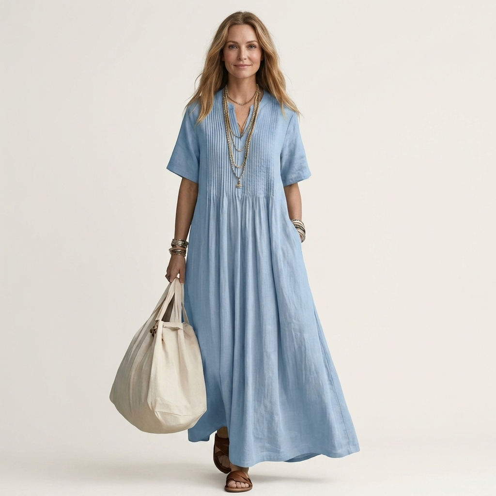 Calea | Pintuck V-Neck Cotton-Linen Maxi Dress